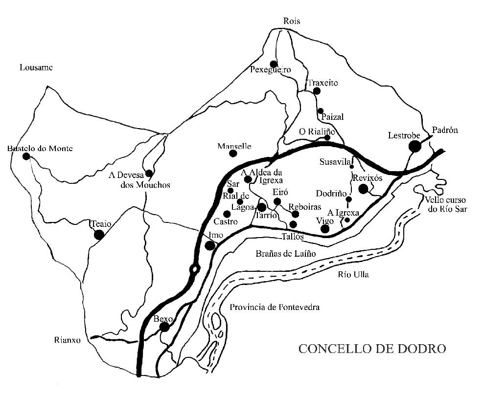 Mapa onde indica as aldea do concello de Dodro